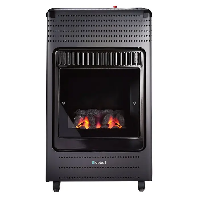 Estufa de gas llama azul Ginebra - 3,4 kW, Negro - Primer plano de un calentador de gas Bluebell, con llamas simuladas para una calidez y un ambiente acogedores en su hogar.