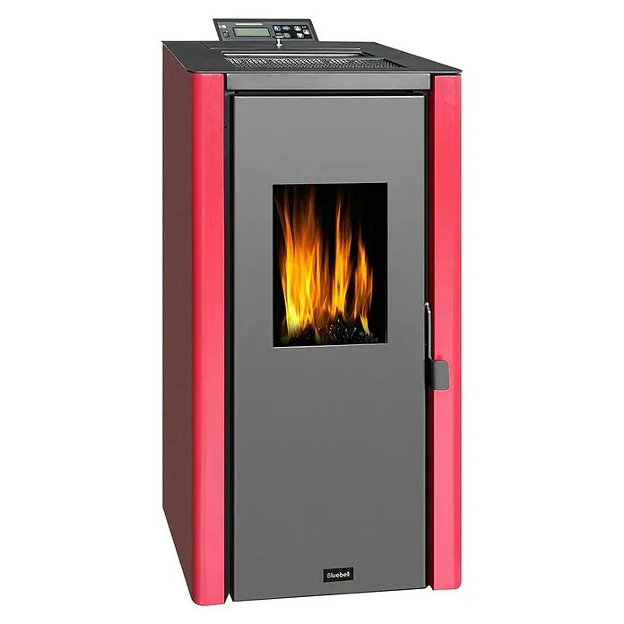 Estufa de pellets estanca Estromboli - 11 kW, Volumen de calefacción: 225 m³, Rojo/Antracita - Estufa de pellets roja Bluebell con controles digitales y llamas en la ventana. Una solución de calefacción moderna y eficiente para su hogar.