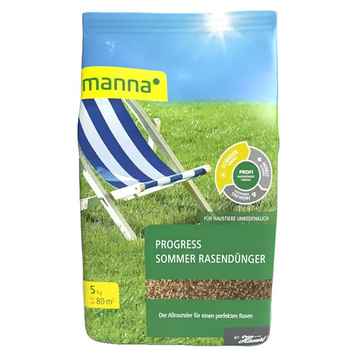 Manna Rasendünger Sommer - 5 kg, Max. Anwendungsfläche: 200 m² - Manna Progress Sommer Rasendünger, 5kg Packung. Tierfreundliche Formel mit sommerlicher Rasenszene und Liegestuhl. Für einen perfekten Rasen.