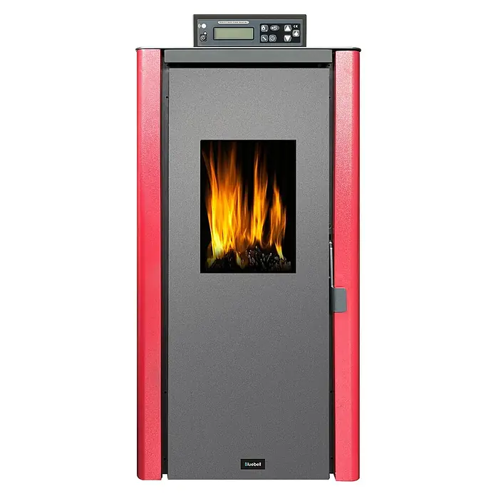 Estufa de pellets estanca Estromboli - 11 kW, Volumen de calefacción: 225 m³, Rojo/Antracita - La imagen muestra una estufa de pellets Bluebell, con una pantalla digital y un efecto de llama realista para una cálida comodidad.