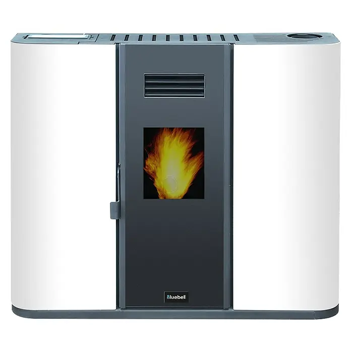Estufa de pellets Way Nine - 11 kW, Volumen de calefacción: 225 m³, 0,9 kg/h - 1,8 kg/h, Blanco/Antracita - Primer plano de una estufa de pellets Bluebell, que muestra una pantalla de llama realista y un diseño moderno, perfecto para un calor acogedor.