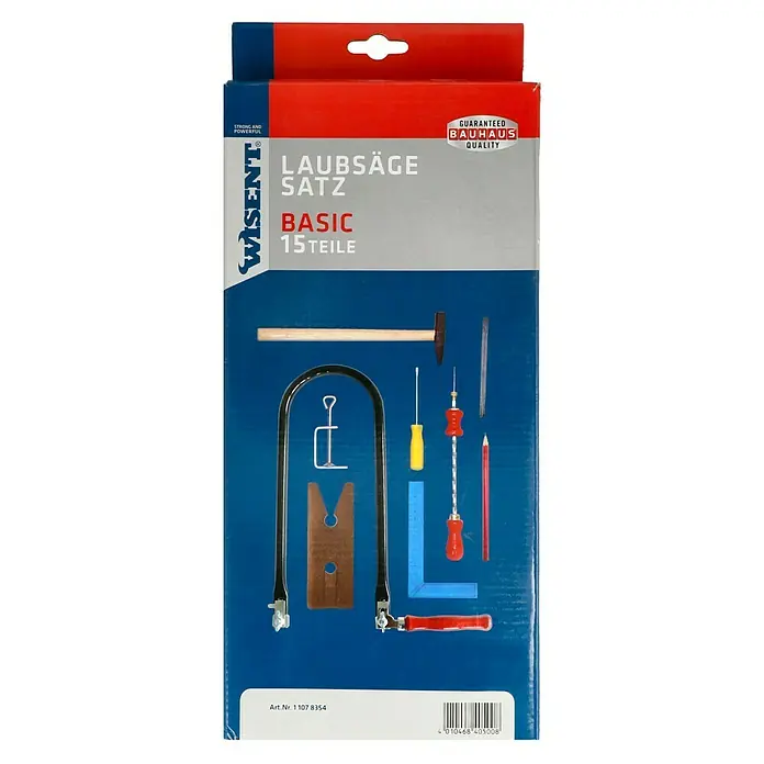 Wisent Laubsäge-Set - 15 -tlg. - Das Bild zeigt eine Laubsaege Satz Basic von Wisent mit 15 Teilen, verpackt in einer blauen Box mit rotem Akzent und Bauhaus Qualitätsgarantie.