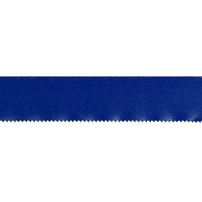 Wisent Kleinmetallsäge - Blattlänge: 250 mm, Überstehendes Sägeblatt - Nahaufnahme eines blauen Prägebandes mit Zackenmuster an einem Rand, ideal zum Beschriften und Organisieren.