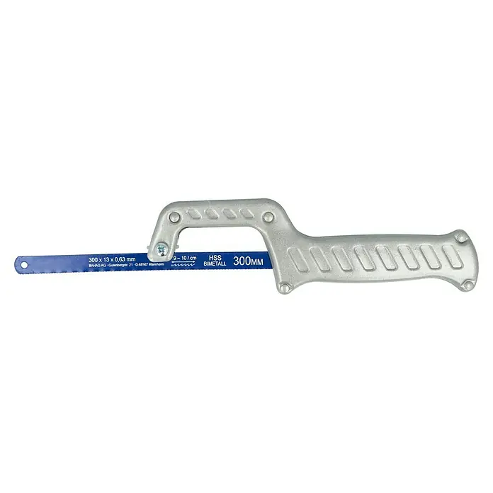 Wisent Kleinmetallsäge - Blattlänge: 250 mm, Überstehendes Sägeblatt - Eine Metallsäge mit silbernem Rahmen und blauem Sägeblatt für präzise Schnitte in Metall.