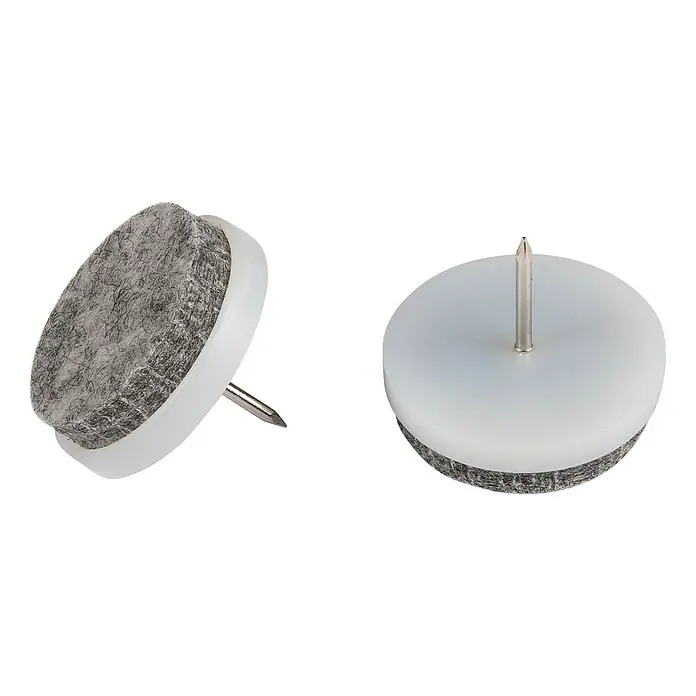 Stabilit Filzgleiter28 mm, 4 Stk., Weiß, Mit Stift - Bild von zwei Stuhlgleitern mit Nagel, die Möbel vor Kratzern schützen und das Bewegen erleichtern.