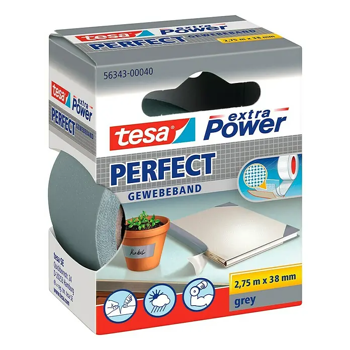 Tesa Extra Power Gewebeband PERFECT - Grau, 2,75 m x 38 mm - Nahaufnahme der Verpackung von Tesa Perfect Power Gewebeband, grau, 2,75 m x 38 mm, für Reparaturen und Bastelarbeiten.