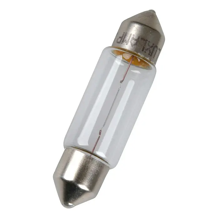 UniTEC Soffittenlampe - C10W, 2 Stk. - Detailaufnahme einer klaren LUXLAMP-Glühbirne mit Wolframfaden, die für ihre Helligkeit und lange Lebensdauer bekannt ist.