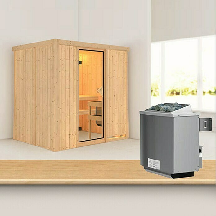 Karibu Systemsauna Bodin (Mit 9 kW Saunaofen mit integrierter Steuerung, Ohne Dachkranz, 151 x 196 x 198 cm)