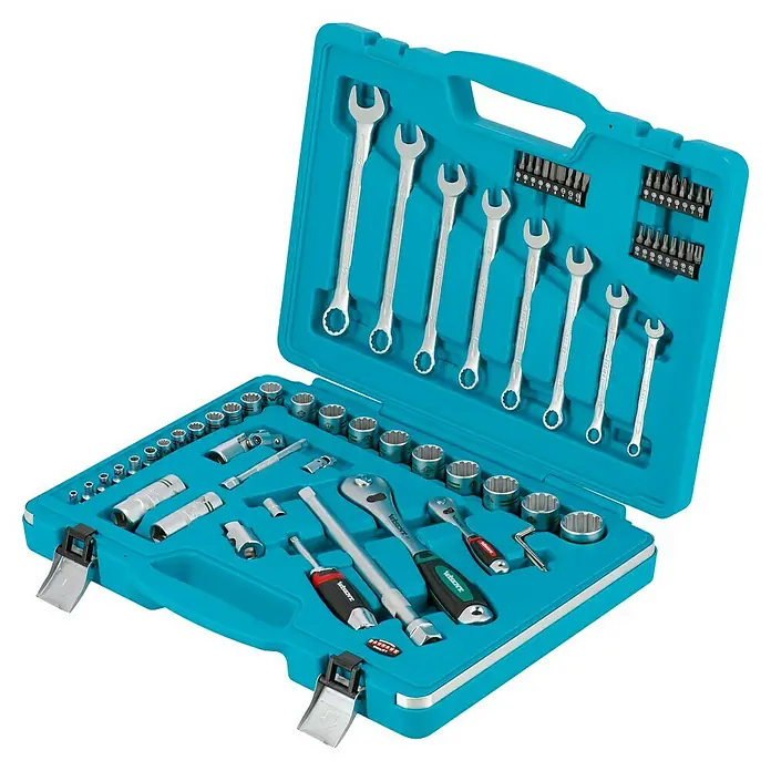 Wisent Steckschlüssel-Set WSPL 7171 -tlg., Antriebsgröße: ¼″ - Ein blauer Werkzeugkasten gefüllt mit einer Vielzahl von Werkzeugen, darunter Schraubenschlüssel, Steckschlüssel und Bits für verschiedenste Reparaturen.