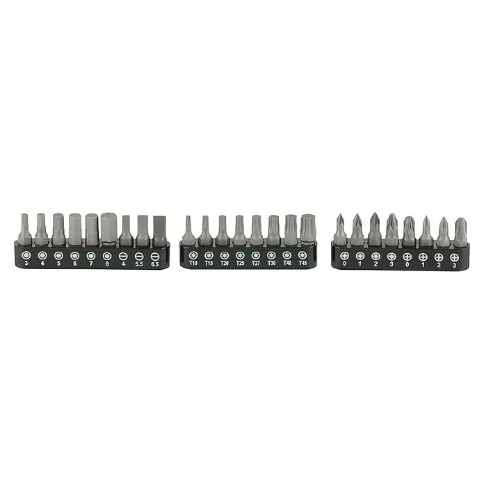 Wisent Steckschlüssel-Set WSPL 71 - 71 -tlg., Antriebsgröße: ¼″ - Satz verschiedener Schraubendreher-Bits, einschließlich Schlitz-, Torx- und Kreuzschlitz-Bits, ordentlich in einem Halter angeordnet.