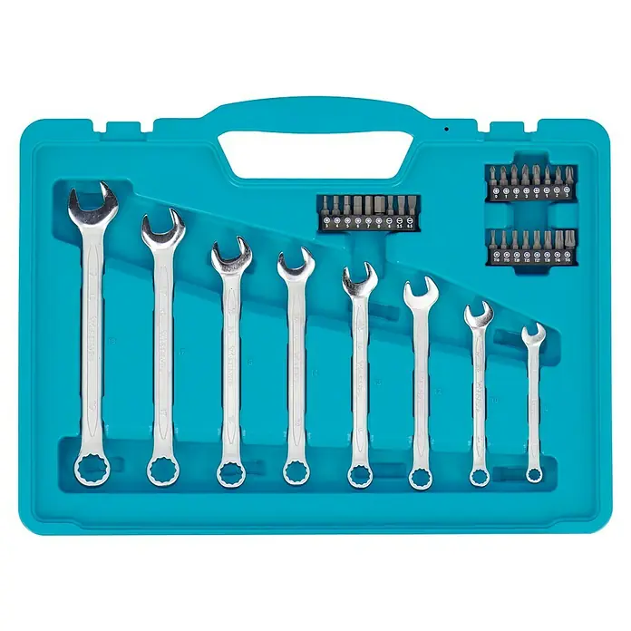 Wisent Steckschlüssel-Set WSPL 71 - 71 -tlg., Antriebsgröße: ¼″ - Ein Werkzeugkasten mit Schraubenschlüsseln und Bits, die ordentlich in einem türkisfarbenen Kasten angeordnet sind.