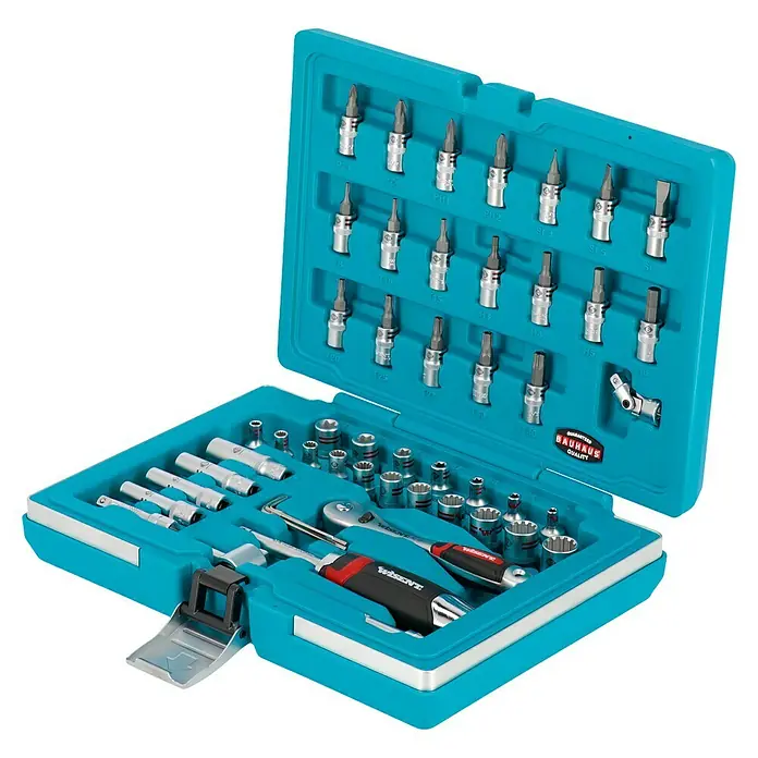 Wisent Steckschlüssel-Set WSPL 52 - 52 -tlg., Antriebsgröße: ¼″ - Werkzeugkoffer mit verschiedenen Bits und Steckschlüsseln in einem türkisfarbenen Kunststoffkoffer für vielfältige Reparaturen und Projekte.