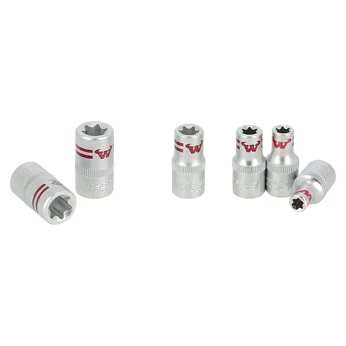 Wisent Steckschlüssel-Set WSPL 52 - 52 -tlg., Antriebsgröße: ¼″ - Fünf silberne WISENT Torx-Steckschlüssel-Einsätze, ideal für Werkstatt und Handwerk, mit rotem Logo, für Schraubarbeiten an schwer zugänglichen Stellen.