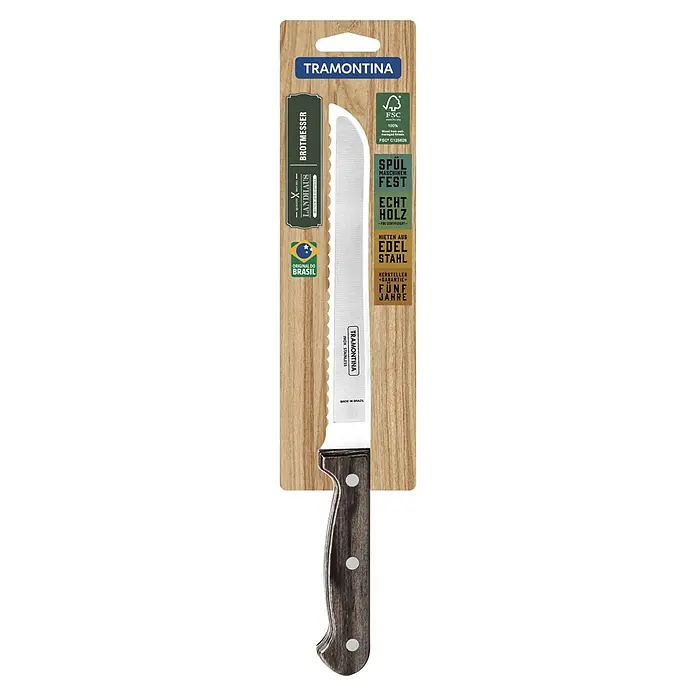Tramontina Landhaus Brotmesser - Edelstahl - Produktabbildung eines Tramontina Brotmessers mit Holzgriff und gezahnter Klinge, verpackt auf einer Holzmaserung-Pappe.