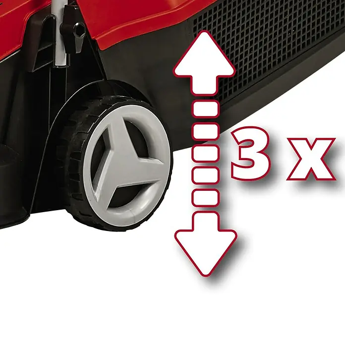 Einhell Power X-Change 18V Akku-Rasenmäher GE-CM 18/32 Li-Solo - 18 V, Ohne Akku, Schnittbreite: 32 cm - Detailaufnahme des Einhell Rasenmähers mit Höhenverstellung, die 3-fach einstellbar ist, dargestellt durch einen Pfeil und die Zahl 3X.