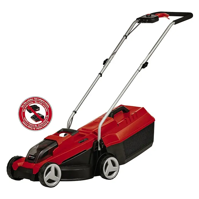 Einhell Power X-Change 18V Akku-Rasenmäher GE-CM 18/32 Li-Solo - 18 V, Ohne Akku, Schnittbreite: 32 cm - Aufsitzmäher in Rot und Schwarz mit silberfarbenem Griff.