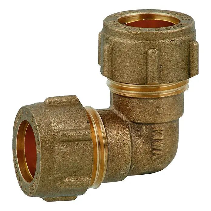Conex Klemmbogen - Durchmesser: 15 mm, Winkel: 45 °, Messing - Ein Messing-Rohrverbinder in L-Form mit Quetschverschraubung für Sanitär- und Heizungsinstallationen.