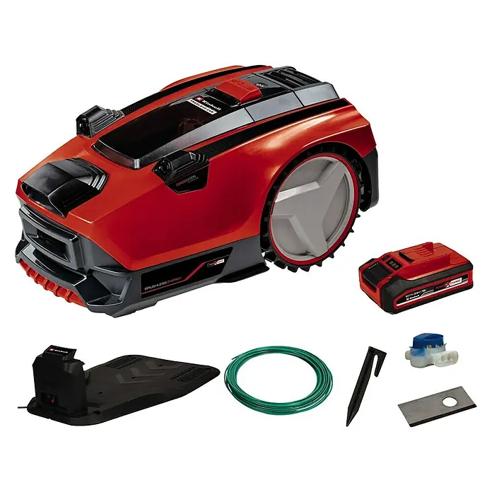 Einhell PXC 18V Mähroboter FREELEXO CAM 500 - 500 m², Schnittbreite: 18 cm, Kamera-gestützte Navigation - Ein roter Einhell-Mähroboter mit Zubehör, darunter Akku, Ladestation, Begrenzungskabel, Heringe, Verbinder und Ersatzklingen.