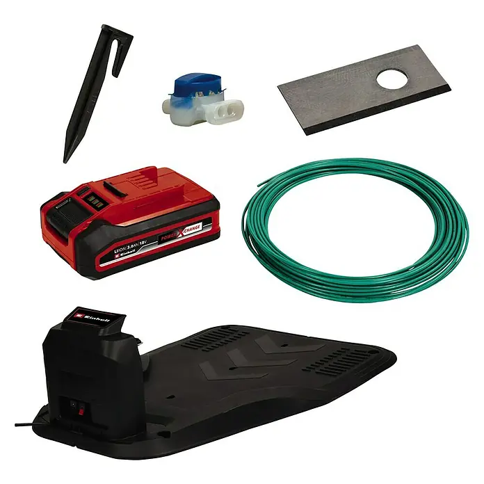 Einhell PXC 18V Mähroboter FREELEXO CAM 500 - 500 m², Schnittbreite: 18 cm, Kamera-gestützte Navigation - Ein Satz von Einhell Gartengeräten, inklusive Batterie, Ladegerät, Abgrenzungskabel und Rasenmäher-Zubehör.