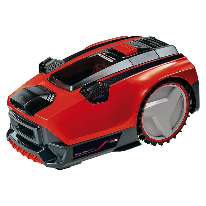 Einhell PXC 18V Mähroboter FREELEXO CAM 500 - 500 m², Schnittbreite: 18 cm, Kamera-gestützte Navigation - Roter Einhell Robotermäher mit auffälligem Design und modernster Technologie für eine effiziente Rasenpflege.