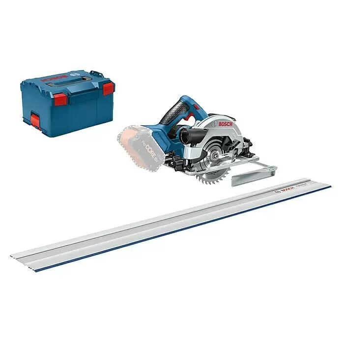Bosch Professional Akku-Handkreissäge GKS 18V-57 G L-Boxx + GRATIS Führungsschiene FSN 1400 - 18 V, Ohne Akku - Blaue und silberne Bosch Akku-Kreissäge mit ProCORE 18V Akku, blauer L-BOXX Werkzeugkiste und einer silbernen Führungsschiene für präzise Schnitte.