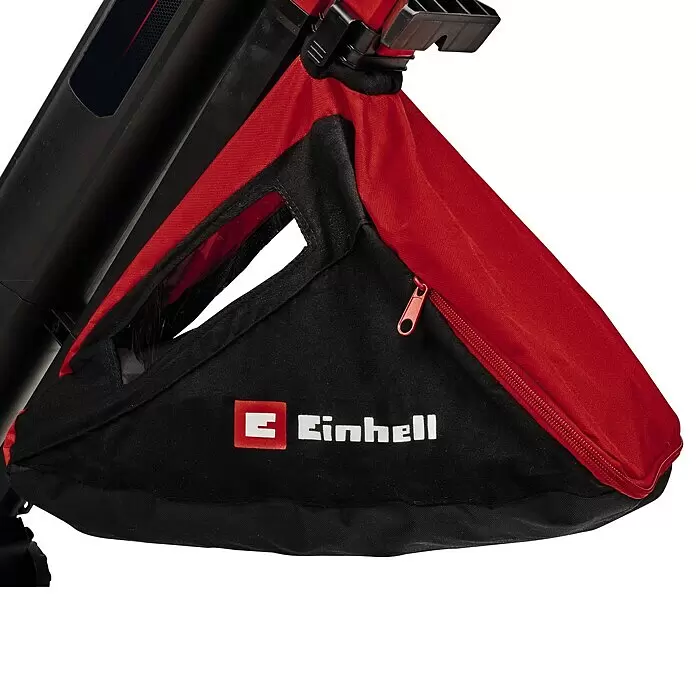 Einhell Professional PXC 18V Soplador/Aspirador de batería VENTURRO 36/240 - 18 V, Sin batería, Velocidad de soplado: 240 km/h - Bolsa recolectora de tela roja y negra para herramienta de jardín con logo Einhell y cremallera roja.