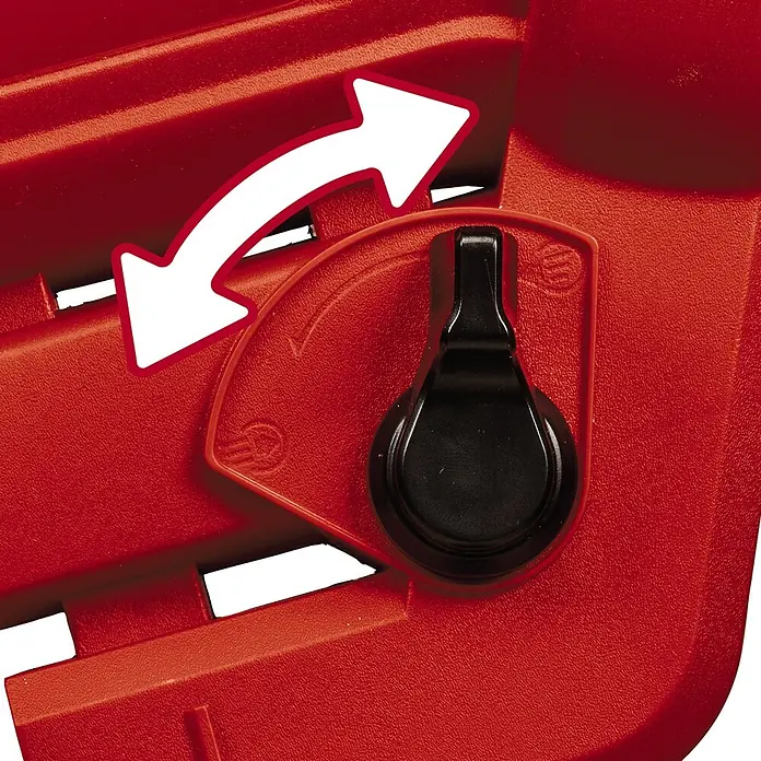 Einhell Professional PXC 18V Soplador/Aspirador de batería VENTURRO 36/240 - 18 V, Sin batería, Velocidad de soplado: 240 km/h - Primer plano de una herramienta eléctrica roja con un botón giratorio negro y una flecha blanca que indica un movimiento rotatorio.