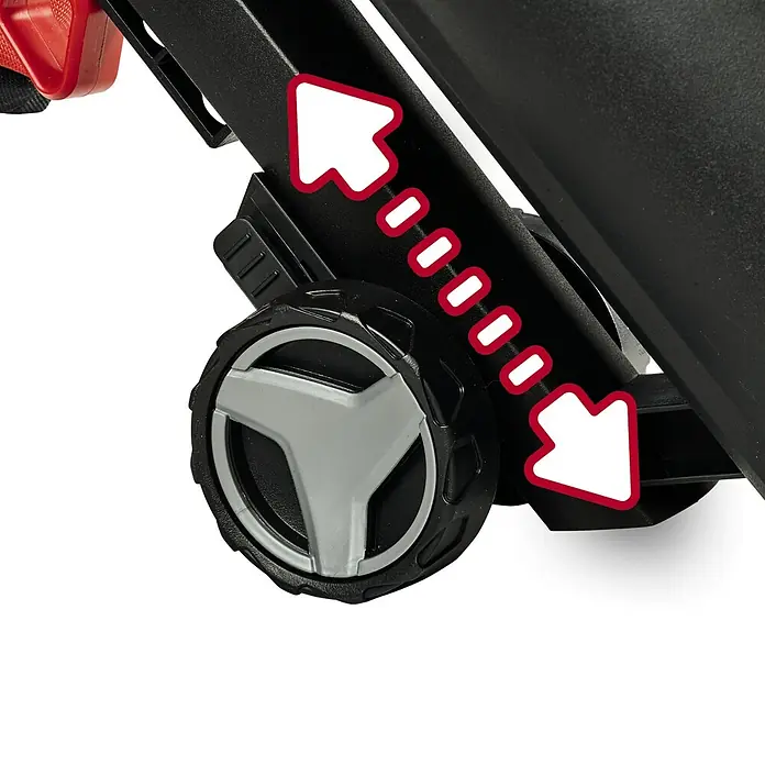 Einhell Professional PXC 18V Soplador/Aspirador de batería VENTURRO 36/240 - 18 V, Sin batería, Velocidad de soplado: 240 km/h - Primer plano de una rueda ajustable en una herramienta de jardinería, con una flecha roja que muestra la dirección del ajuste.