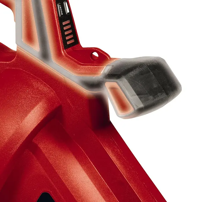 Einhell Professional PXC 18V Soplador/Aspirador de batería VENTURRO 36/240 - 18 V, Sin batería, Velocidad de soplado: 240 km/h - Primer plano de una herramienta roja con mango negro y detalles que resaltan la construcción y la funcionalidad.