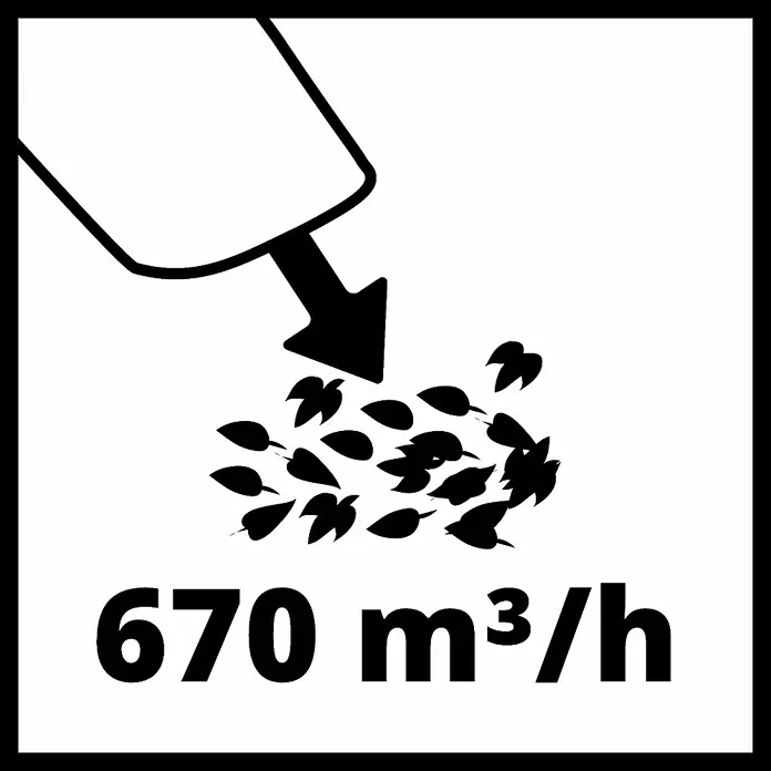 Einhell Professional Akku-Laubbläser GP-LB 18/200 Li GK-Solo - 18 V, Ohne Akku, Blasgeschwindigkeit: 200 km/h, Blasleistung: 670 m³/min - Illustration eines Laubbläsers mit einer Kapazität von 670 m³/h für effiziente Gartenarbeit.