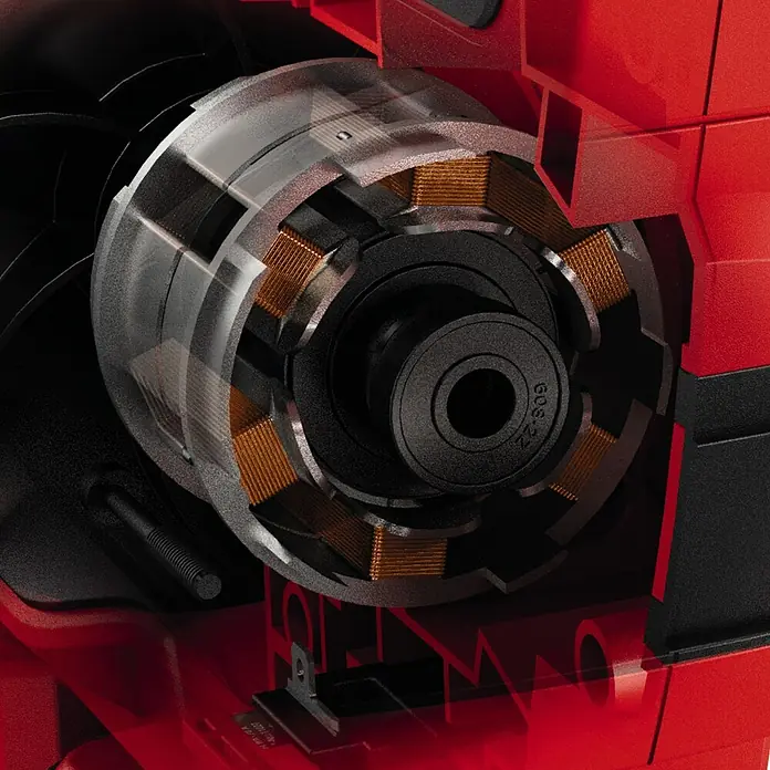 Einhell Professional PXC 18V Soplador/Aspirador de batería VENTURRO 36/240 - 18 V, Sin batería, Velocidad de soplado: 240 km/h - Vista detallada de un motor con bobinados de cobre, integrado en una carcasa roja.