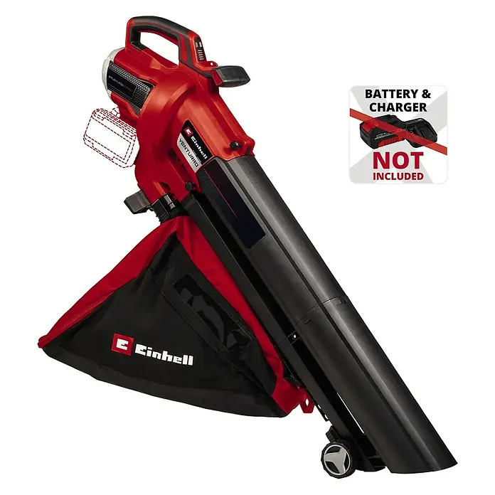 Einhell Professional PXC 18V Soplador/Aspirador de batería VENTURRO 36/240 - 18 V, Sin batería, Velocidad de soplado: 240 km/h - Imagen de un aspirador/soplador de hojas inalámbrico Einhell VENTURRO rojo, batería y cargador no incluidos. Ideal para trabajos de jardinería.