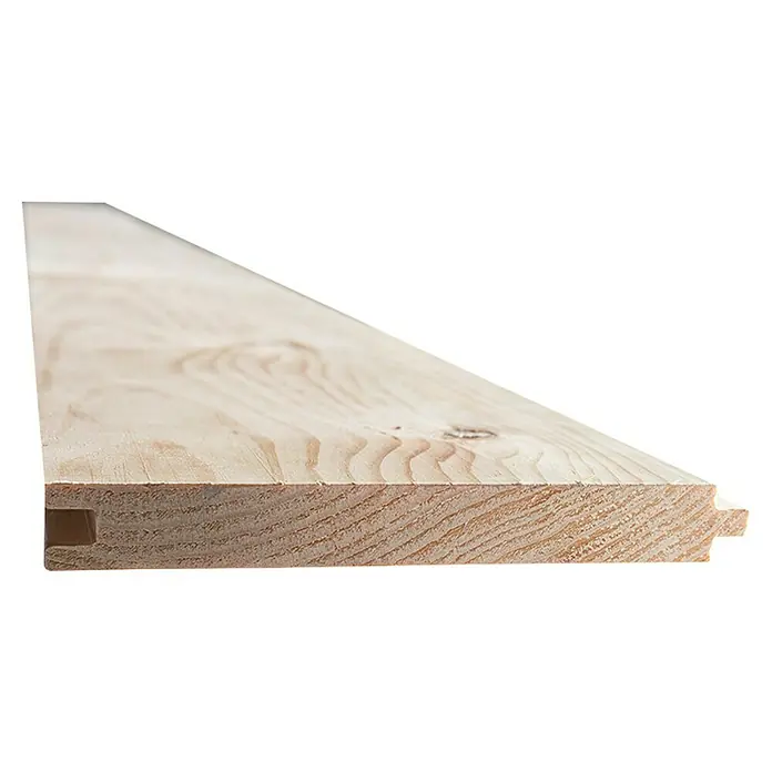 Suelo de madera maciza de pino machihembrada - 248 x 14 x 1,7 cm - Se ve en detalle un tablón de madera de color claro con perfil machihembrado, destacando la veta y la forma de la madera.