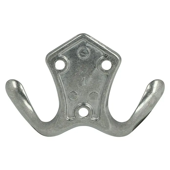 Häfele Gancho para colgar - Aluminio, Plateado - Primer plano de un doble gancho plateado con placa de montaje para abrigos o chaquetas.