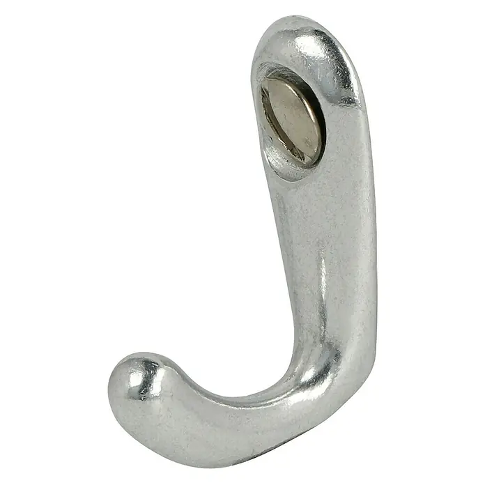 Häfele Garderobenhaken Aluminium poliertHöhe: 31 mm, Aluminium - Nahaufnahme eines silberfarbenen J-Haken-Produktes, das an einer Wand oder einer anderen Oberfläche befestigt werden kann.