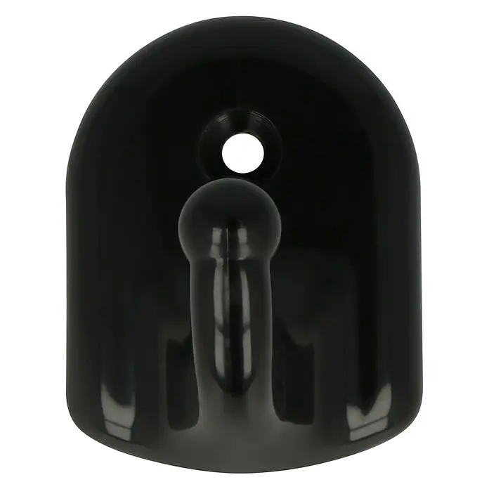 Häfele Gancho para colgar - Plástico, Negro - Primer plano de un colgador de pared autoadhesivo negro brillante con extremo en forma de bola y orificio de montaje para facilitar la instalación.