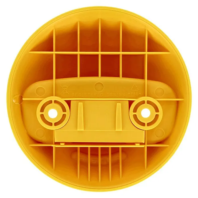 Häfele Gancho para colgar - Diámetro: 119,3 mm, Amarillo - Primer plano de la parte inferior amarilla de un producto, que muestra un patrón de rejilla y puntos de montaje.