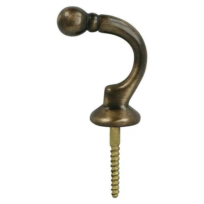 Häfele Gancho para muebles - Largo: 30 mm, Marrón, Latón - Primer plano de un gancho de pared decorativo color bronce con un tornillo. El gancho tiene una curva elegante y termina en forma de bola.