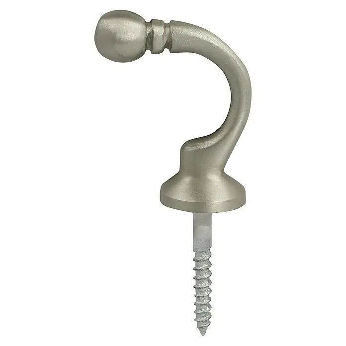 Häfele Gancho para muebles - Largo: 38 mm, Latón - Primer plano de un recogedor de cortina plateado con tornillo, ideal para la decoración y el uso práctico en salas de estar.