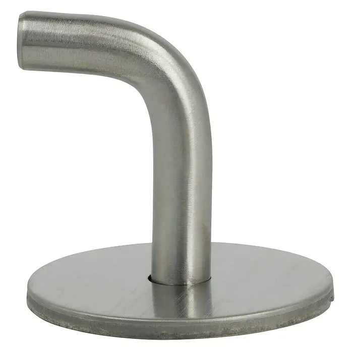 Häfele Escarpia roscada - Acero inoxidable - Primer plano de una barra de apoyo de acero inoxidable con un diseño curvo y base redonda para mayor estabilidad y seguridad en baños.