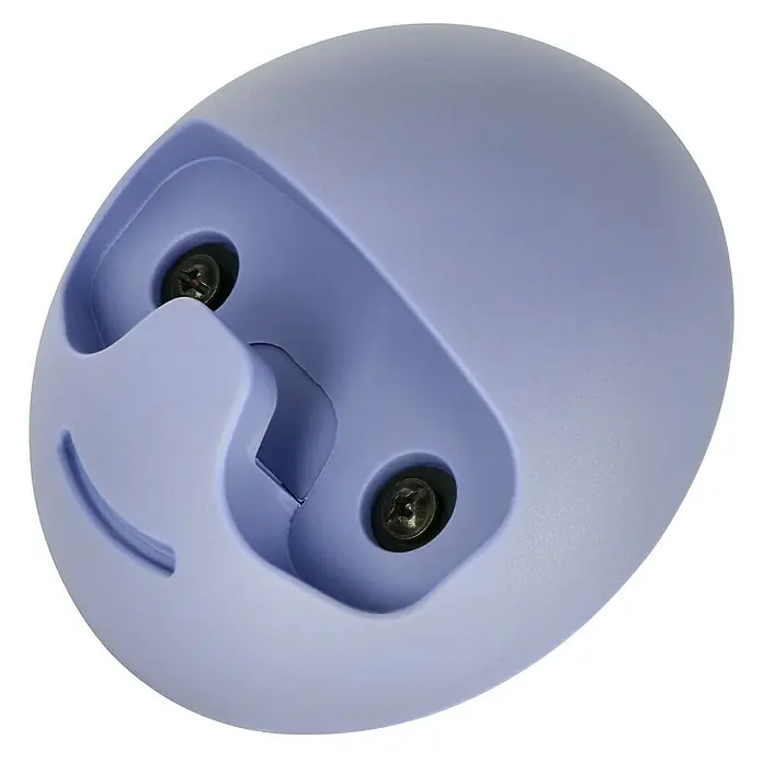 Häfele Gancho para colgar - Diámetro: 119,3 mm, Lila - Primer plano de un objeto redondeado de color lavanda que presenta dos tornillos y una sección recortada.