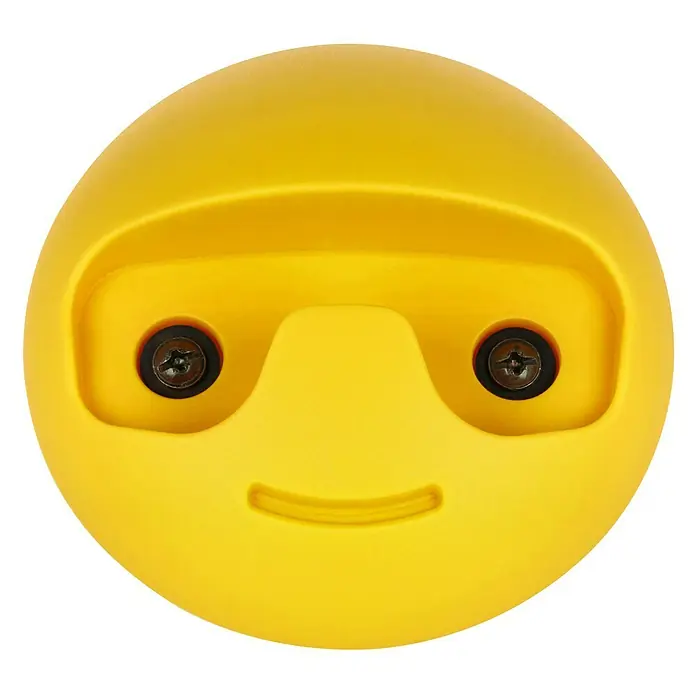 Häfele Gancho para colgar - Diámetro: 119,3 mm, Amarillo - Primer plano de un perchero redondo amarillo con una cara amigable y ojos de tornillo.