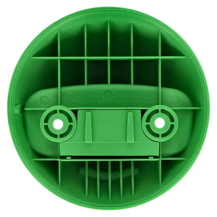 Häfele Gancho para colgar - Diámetro: 119,3 mm, Verde - Primer plano de la parte inferior de plástico verde con puntales, orificios y marcas "Patent Pending >PA6<".