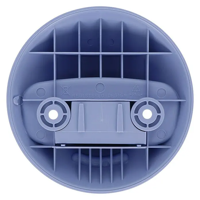 Häfele Gancho para colgar - Diámetro: 119,3 mm, Lila - Primer plano de una base redonda de plástico lavanda con nervaduras y orificios de montaje, destacando los detalles estructurales.
