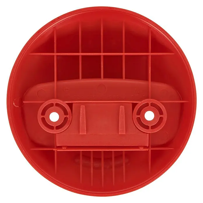 Häfele Gancho para colgar - Diámetro: 119,3 mm, Rojo - Primer plano de la parte inferior de un pie de plástico rojo, con un patrón de rejilla y dos orificios de montaje redondos.