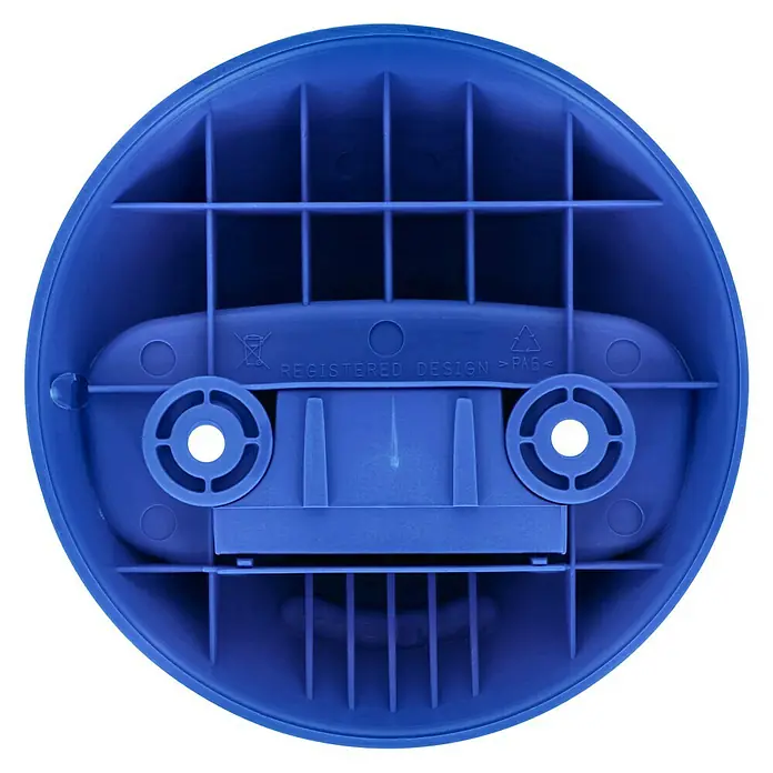 Häfele Gancho para colgar - Diámetro: 119,3 mm, Azul - Un primer plano de la parte inferior de un producto de plástico azul, que muestra un patrón de cuadrícula y accesorios de montaje.