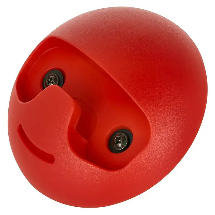 Häfele Gancho para colgar - Diámetro: 119,3 mm, Rojo - Primer plano de un soporte de pared rojo con forma de huevo con dos tornillos y un diseño de ranura para el almacenamiento de cables.