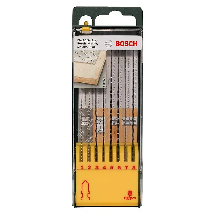 Bosch Juego de hojas de sierra de calar - Madera / metal, 8 pzs., Vástago en T - Imagen de una caja de hojas de sierra de calar Bosch con varias hojas para madera y metal, ideal para aficionados al bricolaje y profesionales.