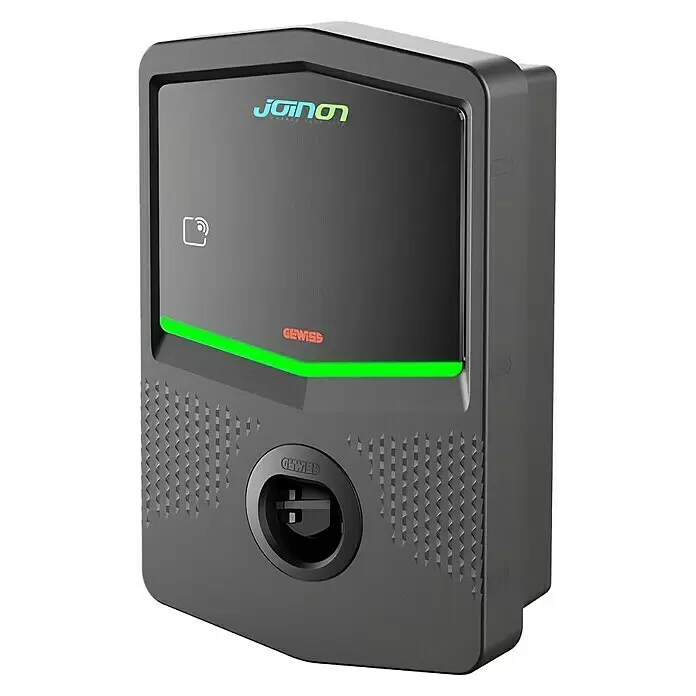 Gewiss E-Auto Ladestation JOINON Wallbox GWJ3003A - 11 kW - Dunkelgraue EV-Ladestation mit grüner LED, RFID-Symbol, 'JOINON'- und 'GEWISS'-Logos und Ladeanschluss.