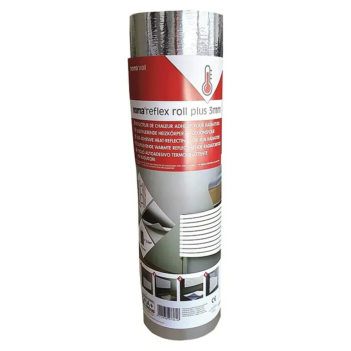 Nmc Noma Heizkörper-Dämmung noma®reflex plus 3 mm - L x B x S: 5 m x 0,5 m x 3 mm - Noma Reflex Roll Plus 3mm: Selbstklebende Heizkörper-Reflexionsfolie für effiziente Wärmeabstrahlung und Energieeinsparung. Ideal zur Anbringung hinter Heizkörpern.